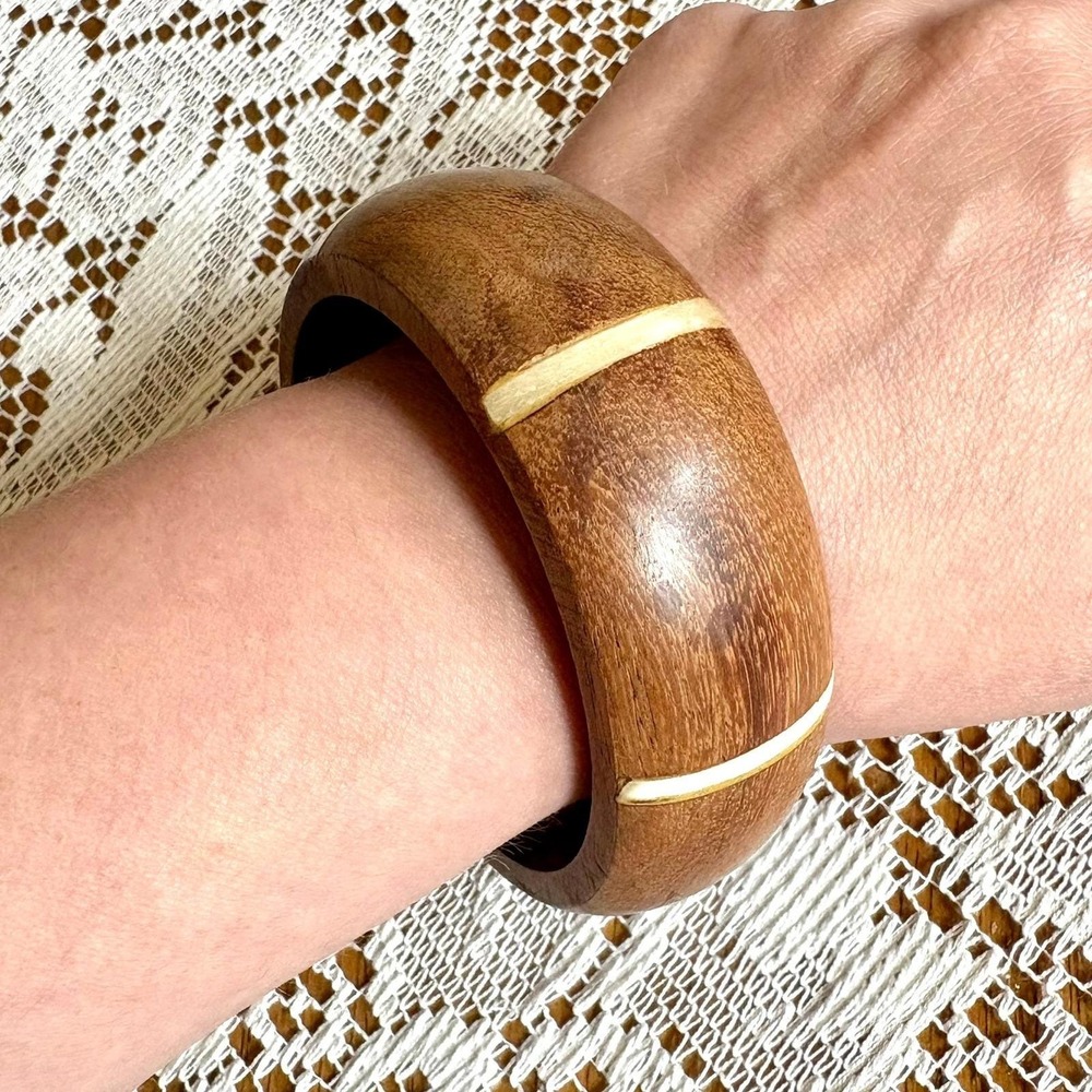 Vintage Wood Bangle Bracelet Cream Inlay Stripes Statement Bohemian Chunky Retro